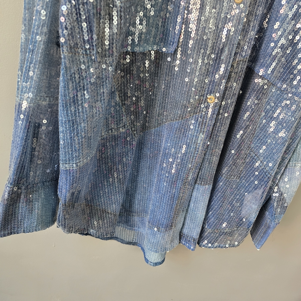 Pilcro Sequin Denim Patchwork Print Blue Top NWT - image 3